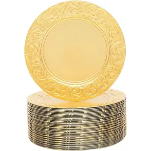 100 Pcs Gold Round Charger Plates Bulk, 13 Inch Antique Charger Plate Set Plastic Embossed Dinner Plate Reusable Plates for Table Setting Wedding Party (Gold)