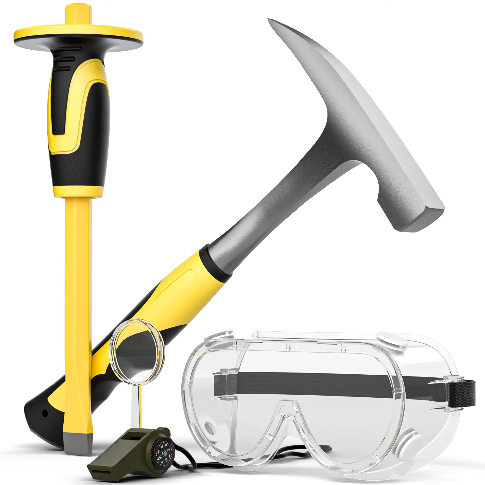 INCLY 5 Packs Geology Rock Pick Equipment Kit, 32 oz. Rock Hammer with 12" Mason Concrete Chisel, Safety Glasses, Whistle, jewelers loupe, Tool Set for Hounding,Gold Mining & Prospecting, Stone Breaking