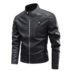 Men's Black Stand Collar Faux Leather Jacket, Retro Motorcycle Biker Style Zip-Up Coat with Utility Zippers