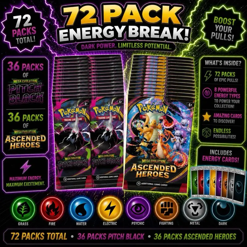 Ascended Heroes and Pitch Black Pokemon Energy Break 72-Pack Trading Card Box (36 packs of ascended heroes and 36 packs of Pitch Black)