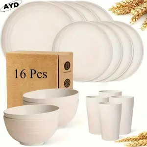 32/16pcs Wheat Straw Dinnerware Sets, Plates And Bowls Sets For 8, Black Plastic Dinnerware Sets, Microwave Dishwasher Safe Plates, Dishes Set For 8 For Valentine'S Day, Durable Party Tableware Kit For Gifts  Brand: AYD Cutlery