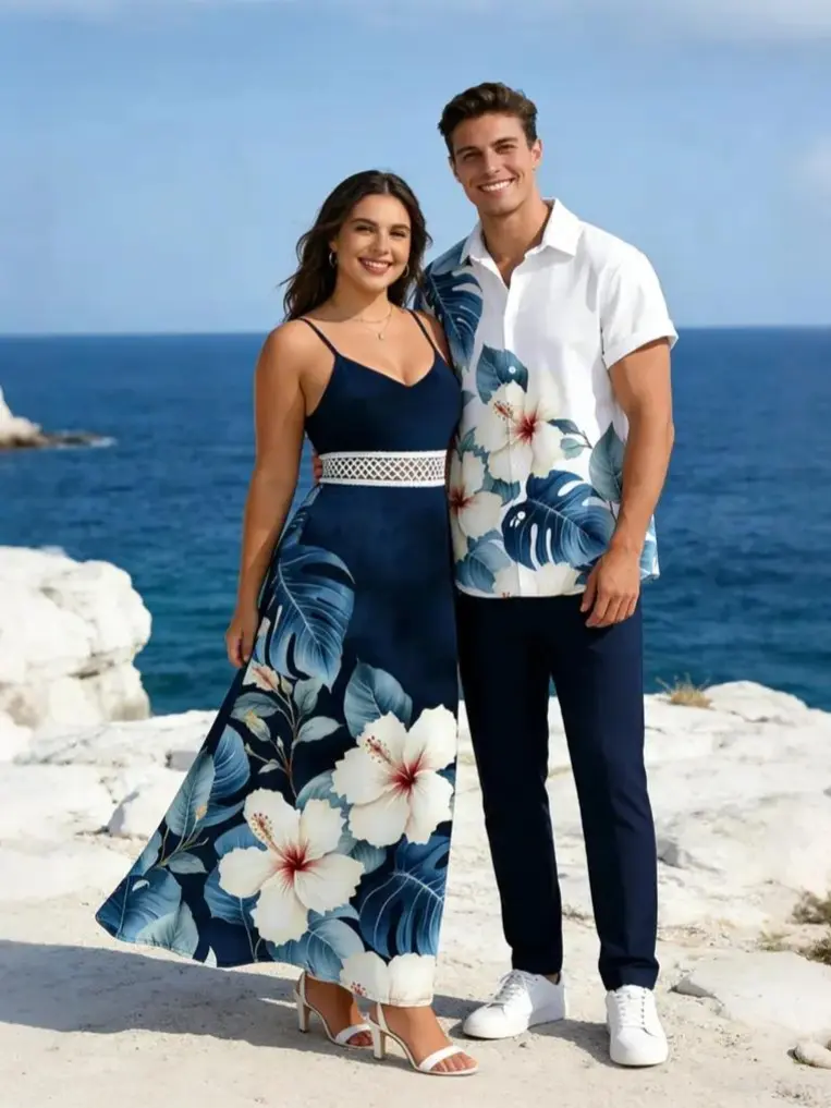 DRESSLILY 2026 Tropical Vacation Basic Couples Clothing Set - Women's Smocked Breathable Sleeveless Spaghetti Strap Fitted Long Hibiscus Print Slit Dress with Lace Hollow-Out Fabric; Men's Matching Button-Up Outfit