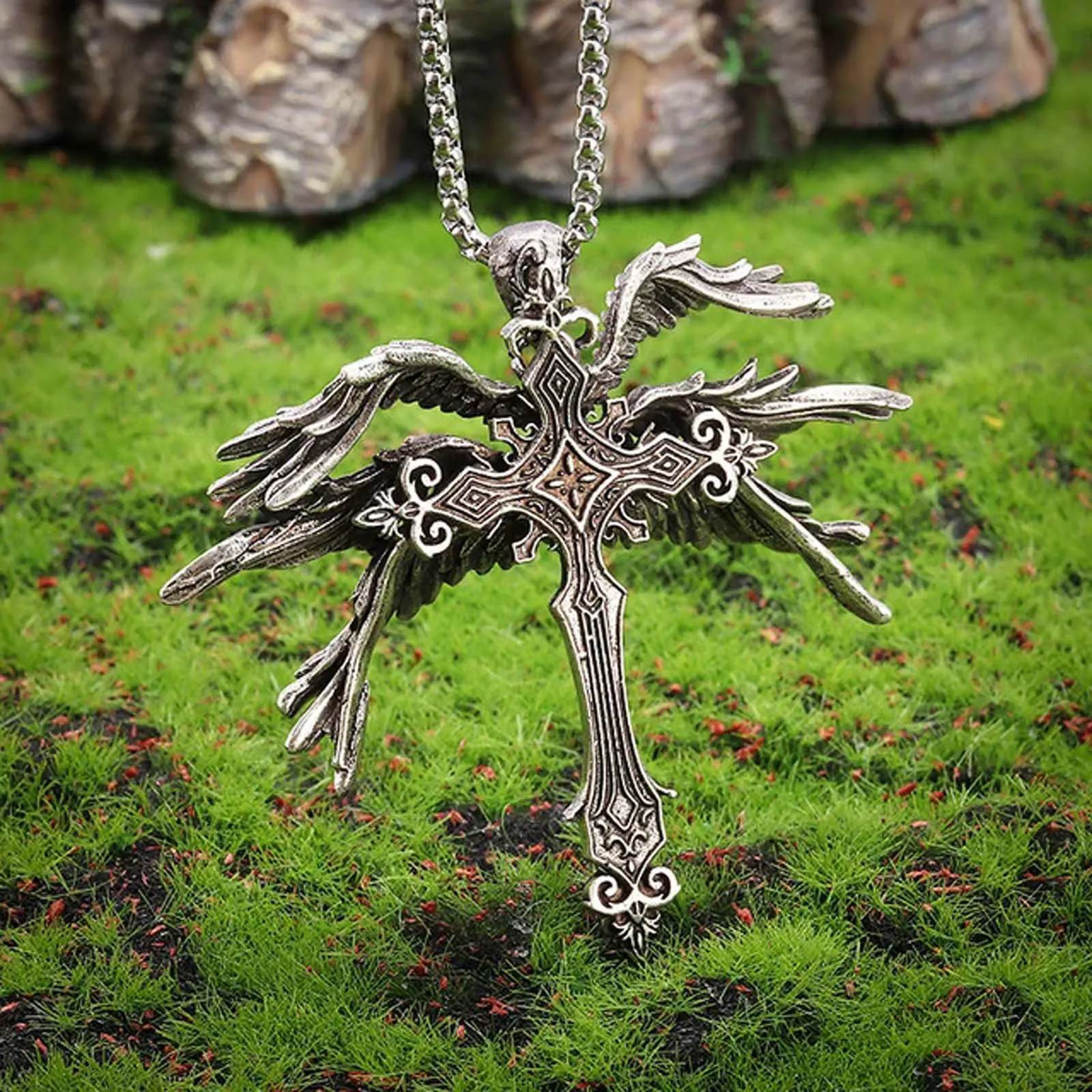 Retro personality trend six-winged angel wing cross necklace hip-hop punk niche unisex jewelry