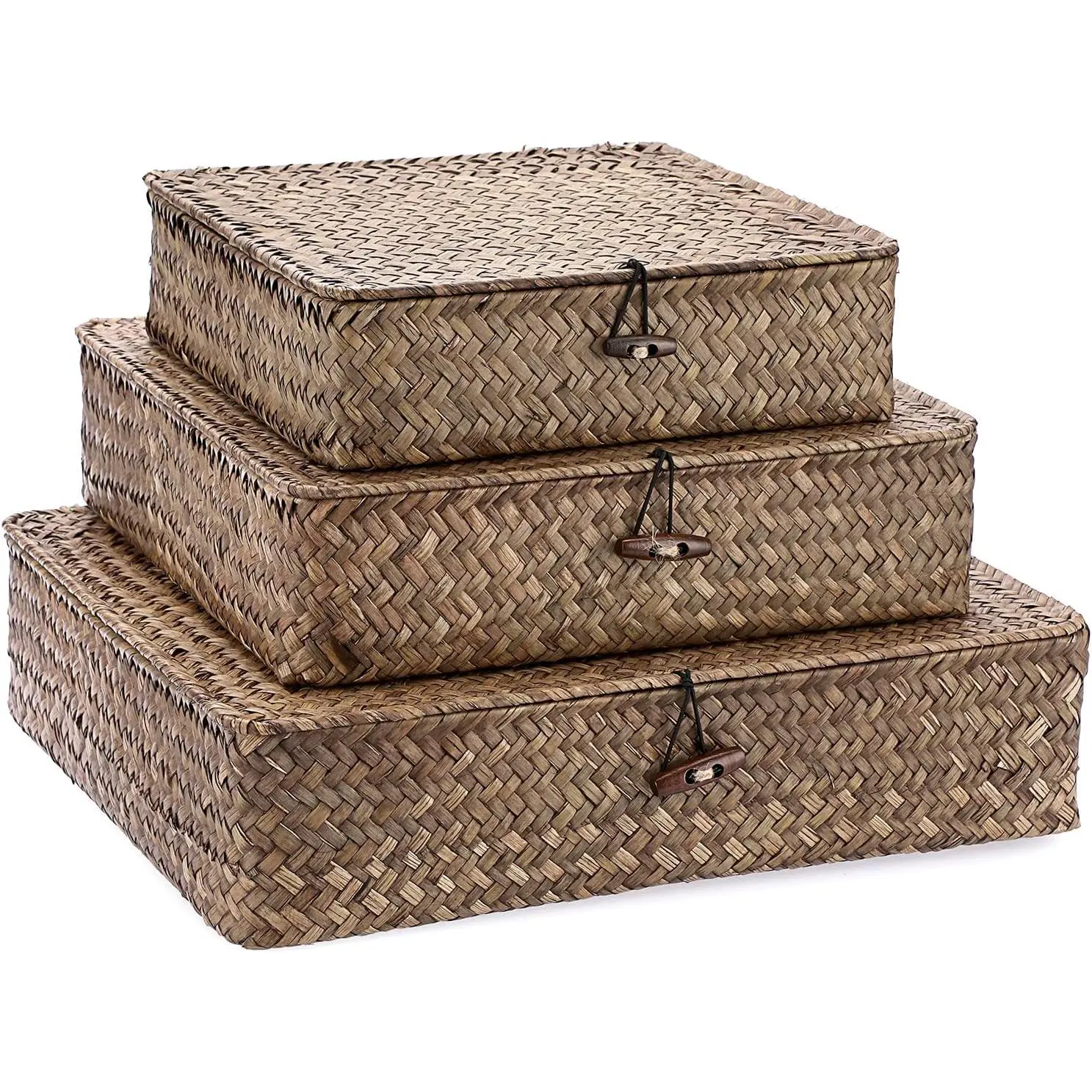 Large Size 14.8"x13" Handwoven Seagrass Flat Wicker Basket Bins with Lid Set of 3 for Shelf Pantry Closet Multipurpose Home Organizer