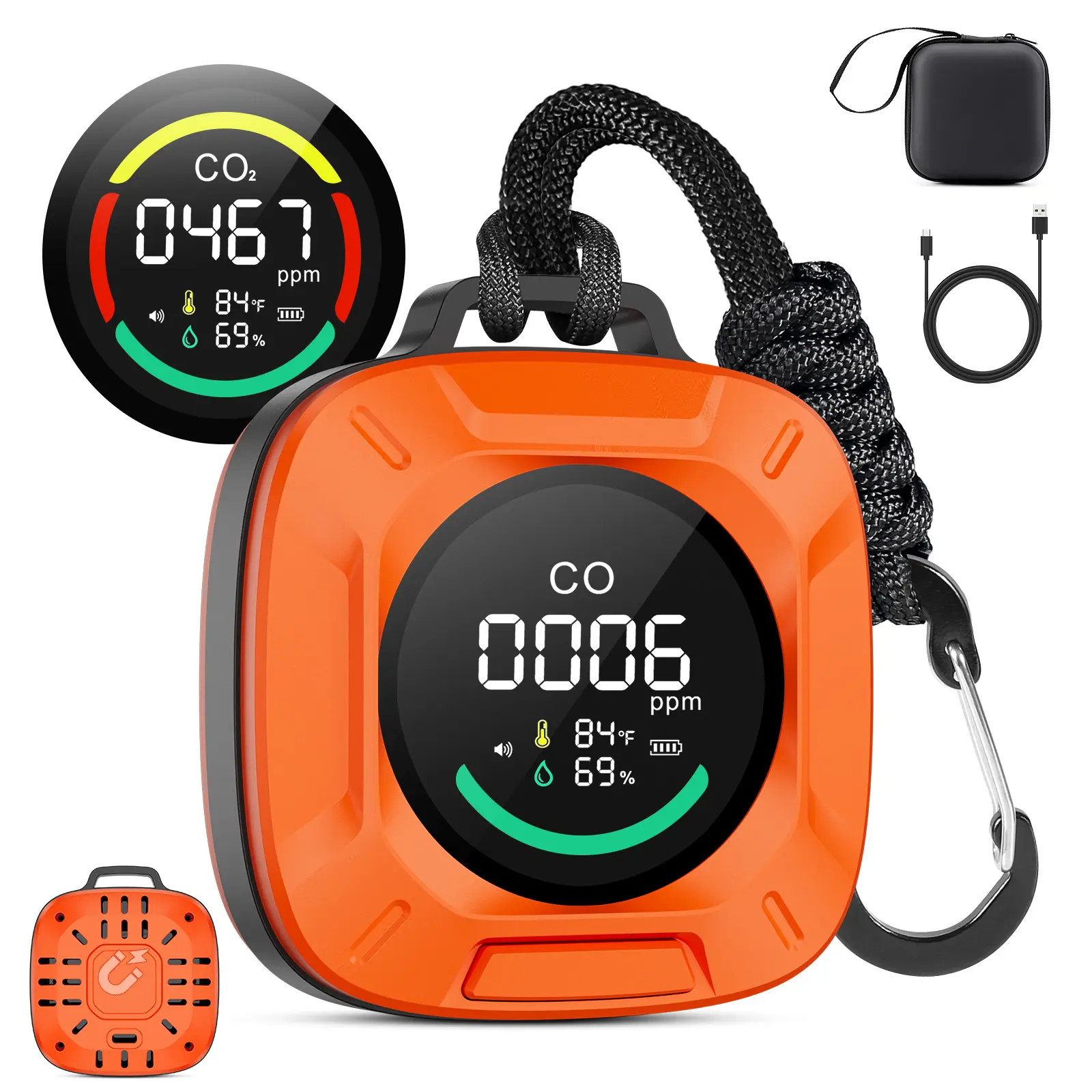 Portable 4-in-1 Carbon Monoxide and Carbon Dioxide Detector, Rechargeable CO/CO2 Monitor with Dual Sensors for Travel, Hotel Room, RV, Camping, and Home Use