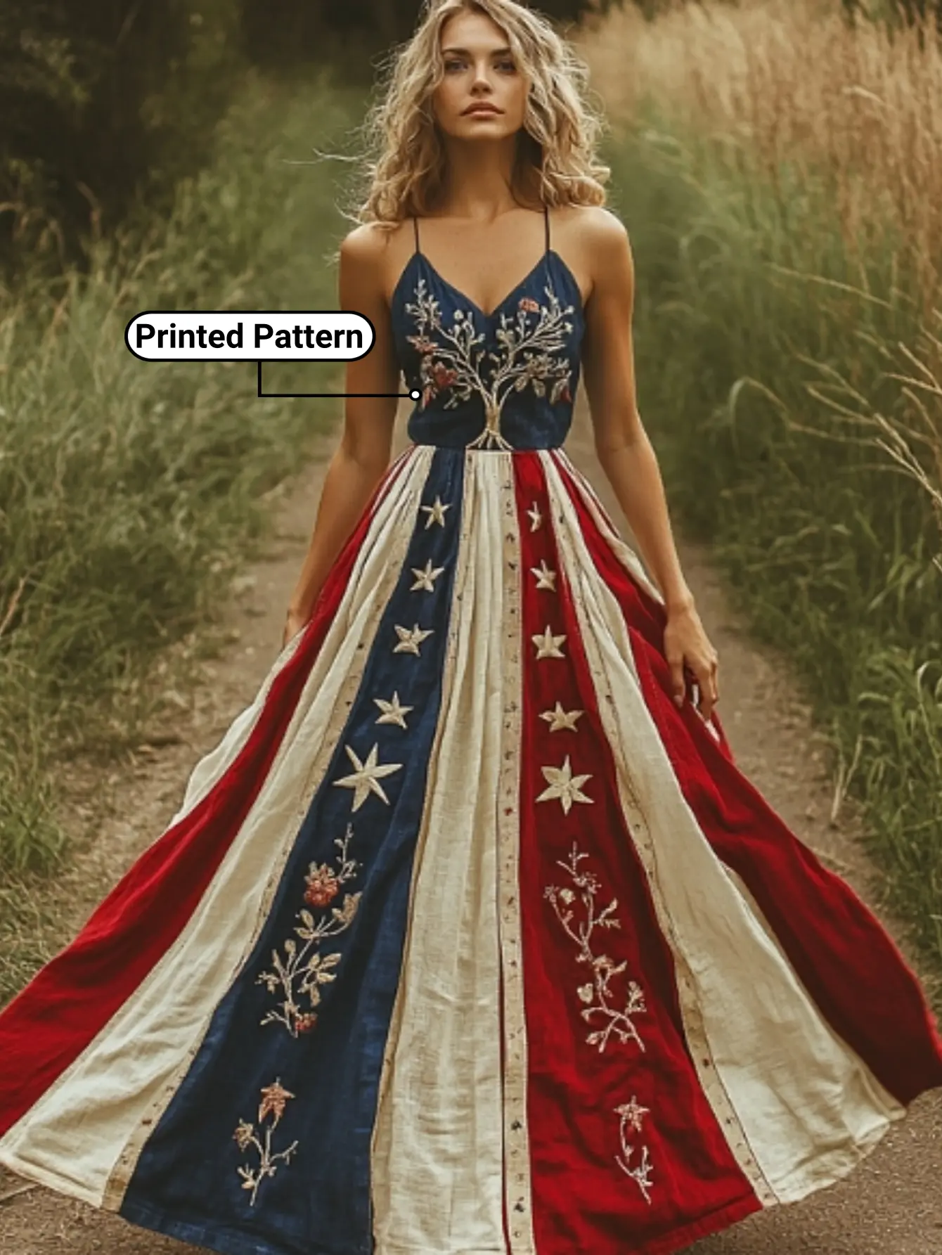 Women’s Independence Day Print A-Line Spaghetti Strap Midi Dress with Waist Definition and Padding — Elegant
