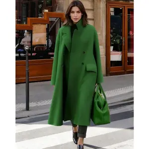 2026 Women's Green Wool-Blend Trench Coat  Double-Breasted Oversized Spring Elegant Office Streetwear