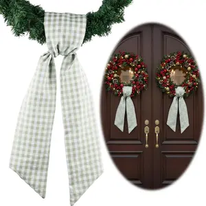 2 Pack Green White Checkered Plaid Wreath Sash Bow Ribbon Bundle for Front Door Christmas Spring St Patricks Day Wedding Farmhouse Home Decor Accessories