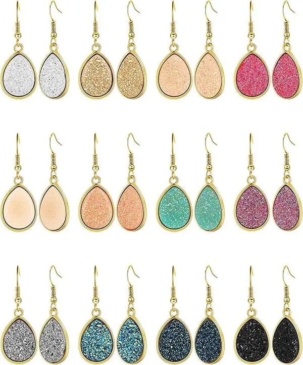 12 Pairs Faux Druzy Drop Earrings Gift for Women Trendy Multicolor Stainless Steel Dangle Earring for Wedding Party