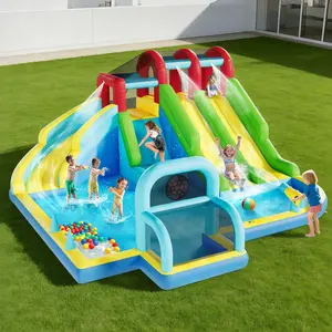 Inflatable Bounce House with 3 Slides & Splash Pool, Kids Water Bouncy Castle with Blower for Backyard Indoor Outdoor