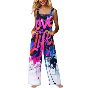Womens Love Life Graffiti Print Wide Leg Overalls Sleeveless Square Neck High Waist Jumpsuit With Pockets For Y2K Street Style Party Night Out