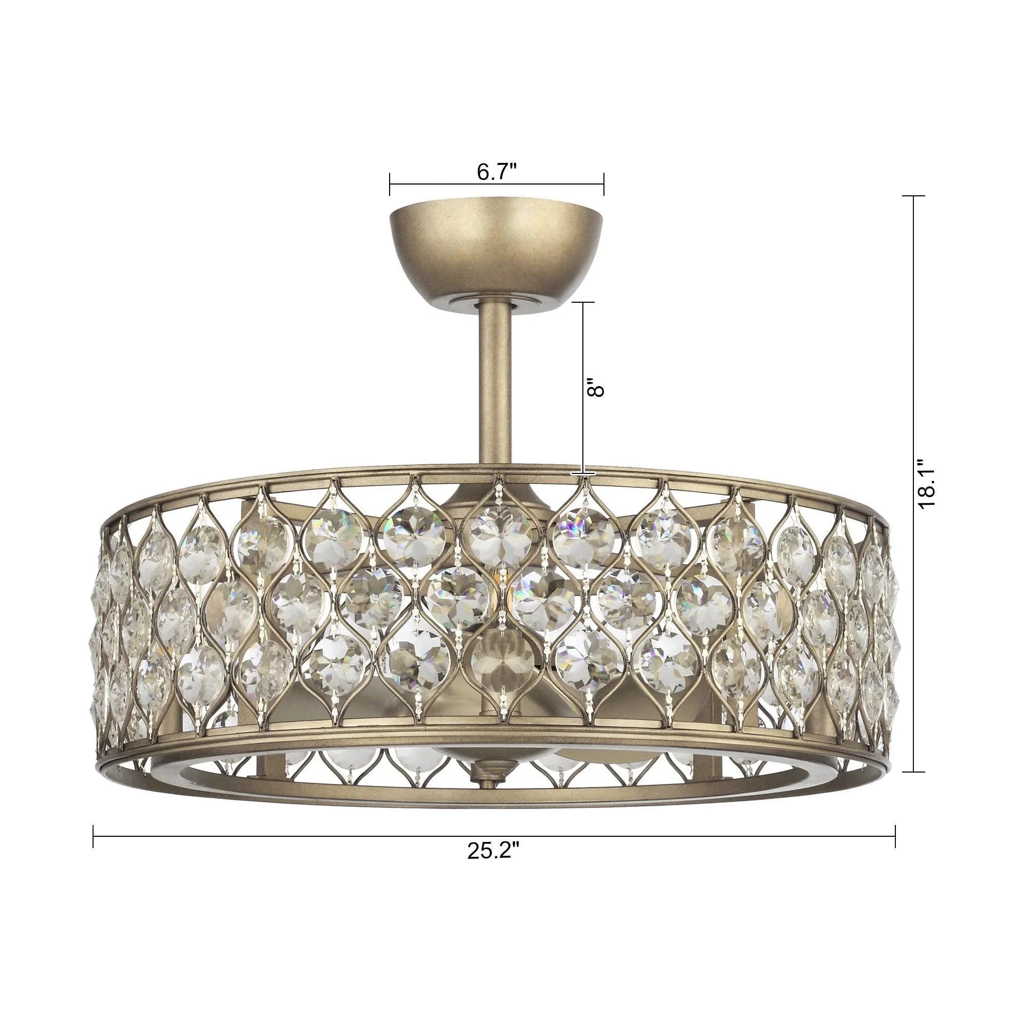 25" Modern Crystal Fandelier, Downrod Mount Ceiling Fan with LED Light & Remote Control