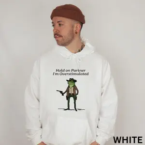Trendy Graphic Funny Hoodie for Men, Hold On Partner I’m Overstimulated Frog Hoodie, Overstimulated Frog Hoodie, Funny Meme Hoodies for Men, Retro Funny Hoodies
