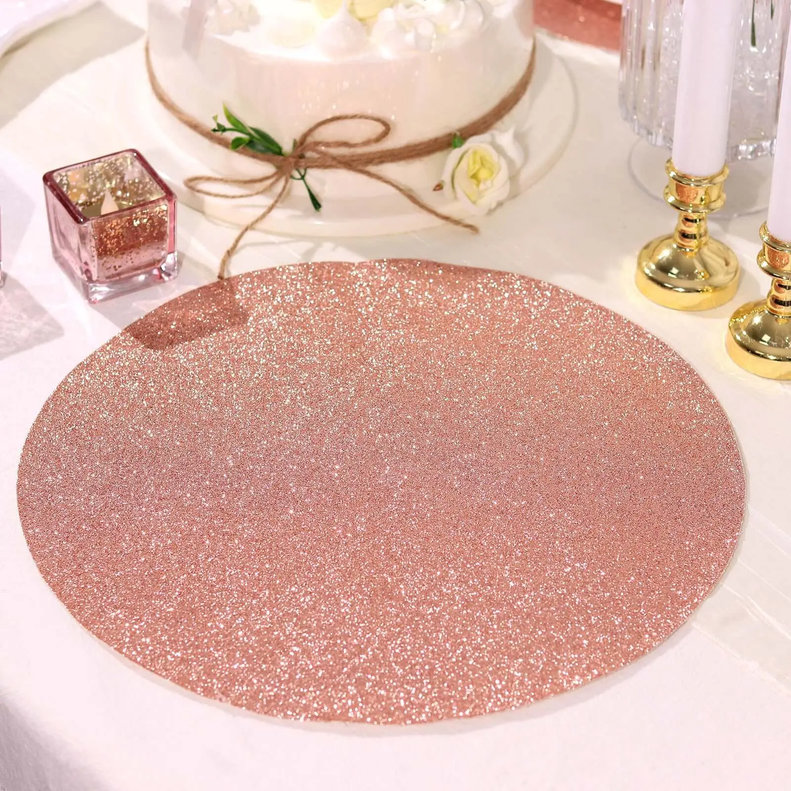 Rose Gold Glitter Anti-Slip Placemats & Coasters - 6-Pack 13" Round Kitchen Tableware for Home Coffee Table, Valentine's, Thanksgiving Decor