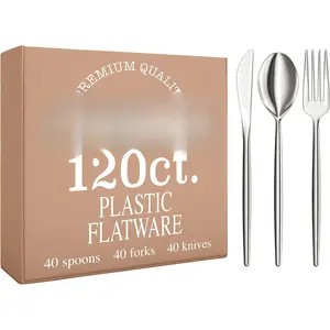Plastic Forks and Spoons Disposable Silverware Set 120 Pack Plastic Utensils Set Includes 3 x 40 each  & Soup Spoons &  Forks Disposable Cutlery For Parties and Events by
