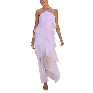 2026 New Ruffle Leaf Edge Elegant Temperament Neck Cake Chiffon Dress