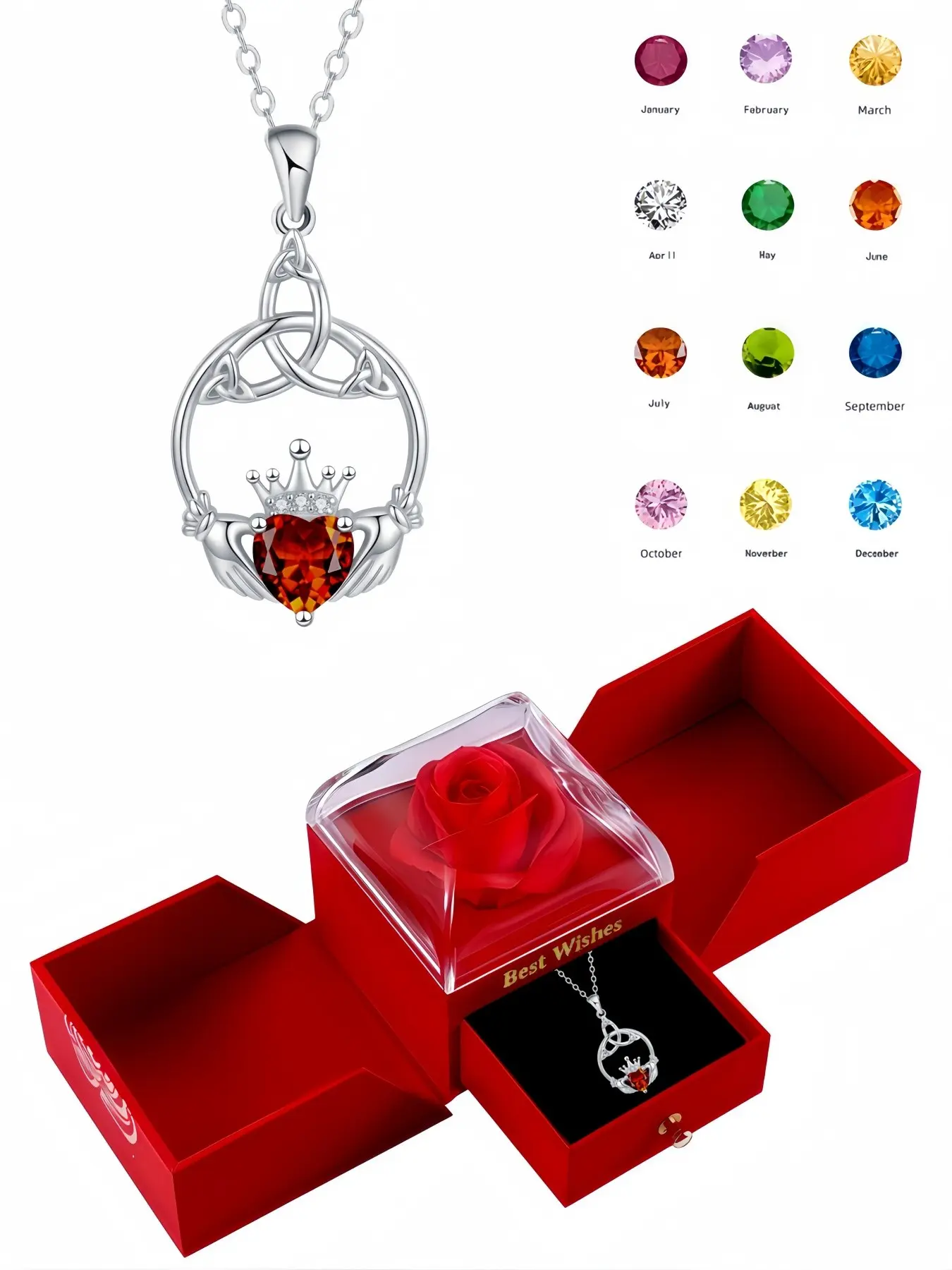Claddagh Heart sparkling Celtic crown and witch knot birthstone pendant necklace with birthstones, Comes with a double-door preserved rose jewelry gift box, Exquisite jewelry gift, Perfect for birthdays, Mother's Day and Valentine's Day gifts