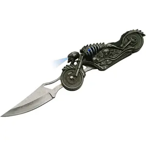 Supplies 5" Black Skull Biker Gift Folding Knife with LED Light