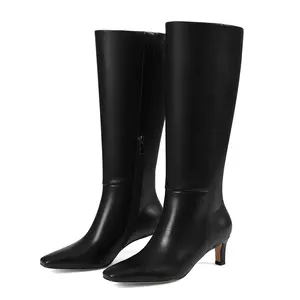 Women's  Leather Knee-High Boots Square Toe Kitten Heel Side Zipper Classic Elegant Footwear for Daily Office & Trendy Outfits Comfortable