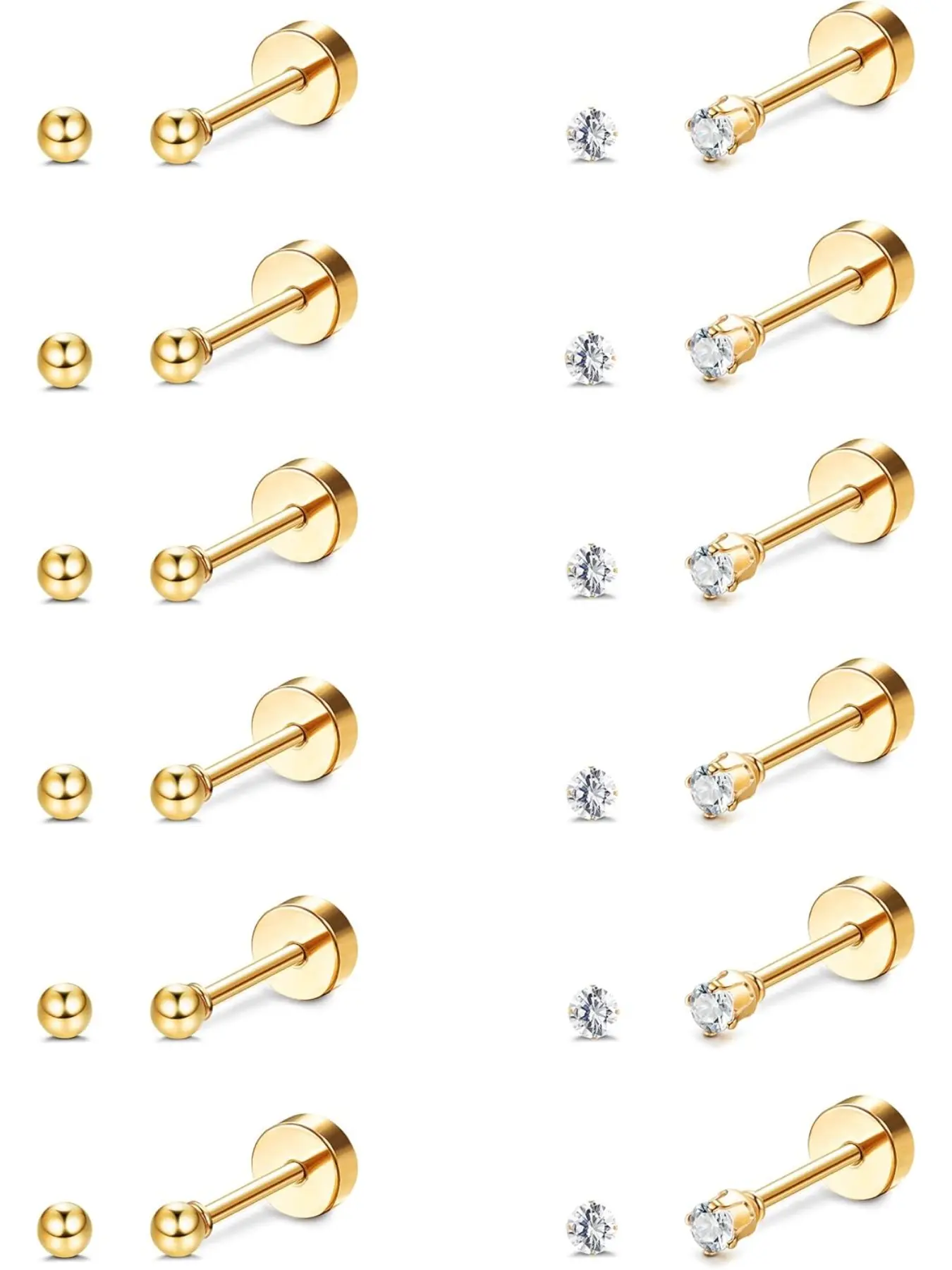 12 Pairs 20G Cartilage Earrings Stud for Women Men Earrings For Cartilage Piercing Stainless Steel Tiny 2mm & 3-8mm Studs CZ Round Ball Flatback Earrings Jewelry Set
