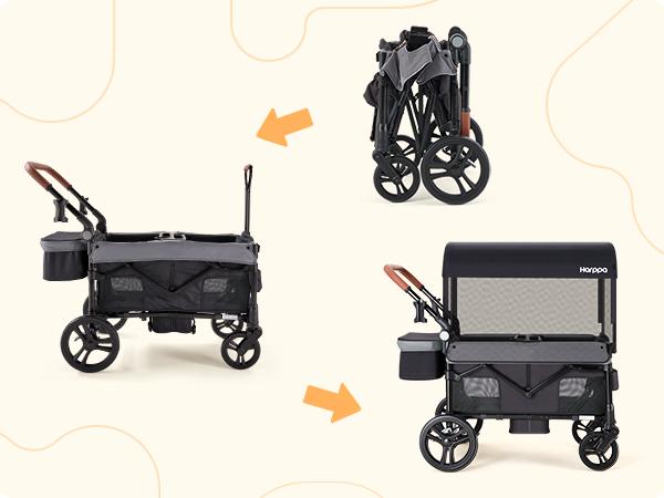 HARPPA Foldable 2 Seater Baby Stroller Wagon with Canopy & Mosquito Net, Stroller with Cup Holders & Stroage, All-Terrain Wheels, Adjustable Handle, For Outdoor & Beach, Baby Items