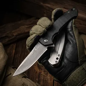 ZT0450 Tactical Folding Knife Damascus Steel Blade Carbon Fiber Front Handle 440C Back Handle Ball Bearing Pocket Clip EDC Knife for Camping Survival Outdoor Everyday Carry 8cm Blade 11cm Handle Folding Pocket Tool