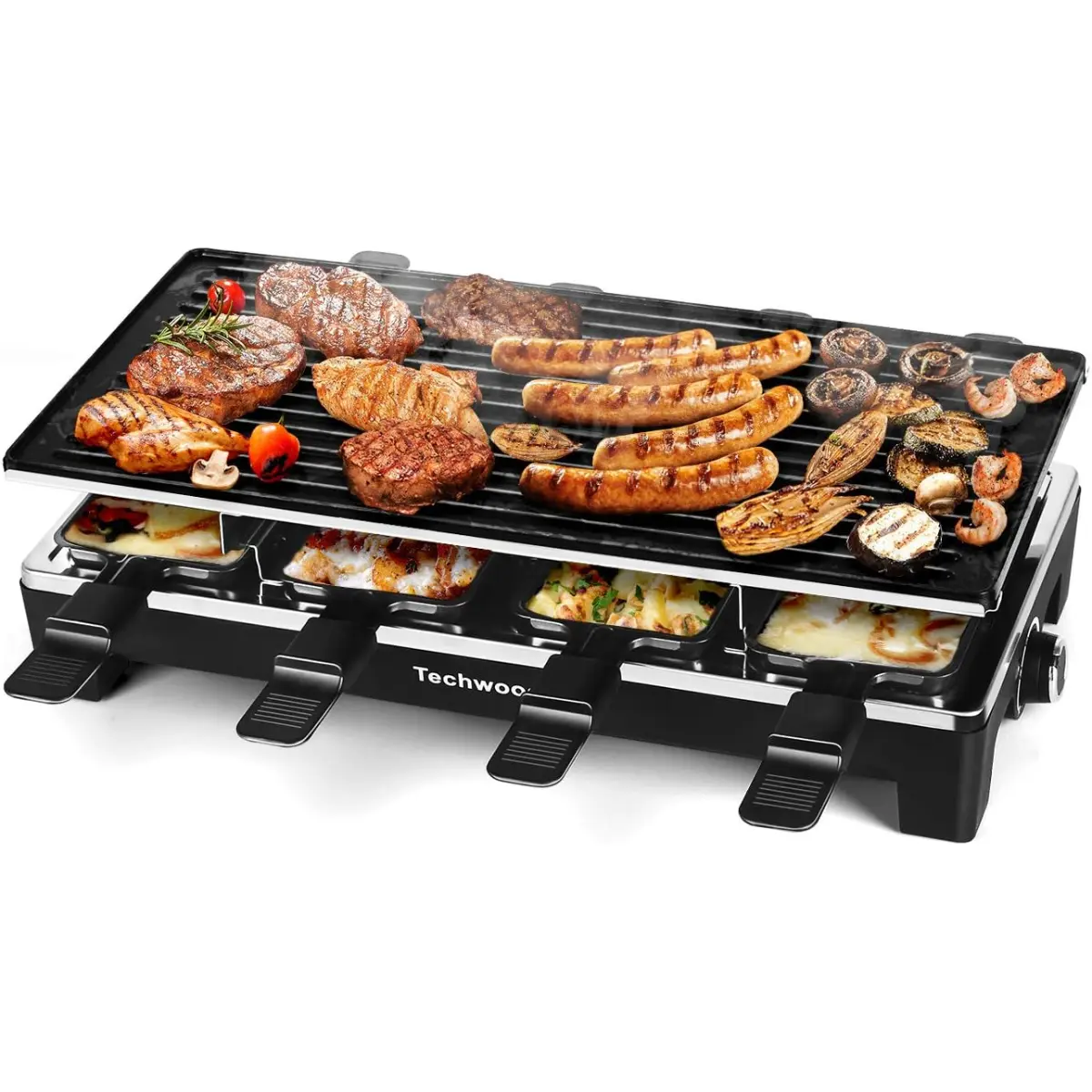 Techwood 1500W Fast Heating Raclette Table Grill - Kitchen Appliances Corded Unit, 2-in-1 Removable Non-Stick Grill Plate, 8 Cheese Melt Pans, Ideal for Party Lovers & Family Fun (Black)