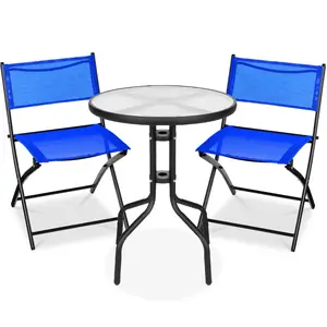 Best Choice Products 3-Piece Patio Bistro Dining Furniture Set w/ Round Textured Glass Tabletop, Folding Chairs