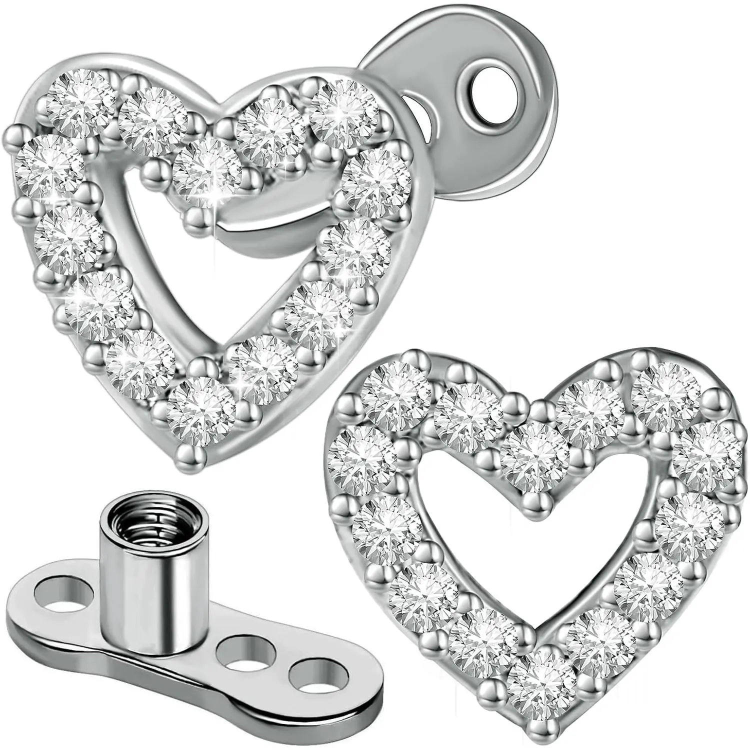 2 PCS 14G Cubic Zirconia Dermal Anchor Tops and Base Surgical Titanium Steel CZ Diamond Microdermals Internally Threaded Studs Body Piercings Jewelry Gift for Women Men