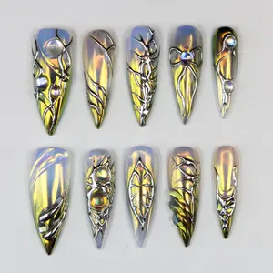 Holographic Iridescent Stiletto Press On Nails | 3D Silver Sculpted Vine, Fake Nails For Event Party, Halloween, Parties, Photoshoots Parties
