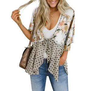 Imily Bela Women's Floral Kimono Cardigan, 3/4 Ruffle Sleeve, Lightweight Patchwork, Flowy Boho Tie, Loose Cover Up