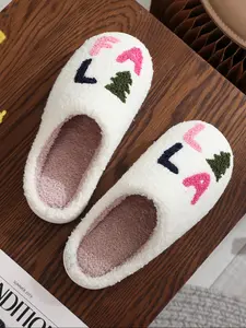 Soft Comfortable Plush Christmas Slippers,Cozy Falala Embroidery Design, Unisex Indoor Outdoor Warm Non-Slip Shoes, Fall Winter Gift Idea, Footwear