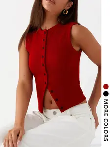 Women's Ribbed Button Front Sleeveless Slim Fit Basic Vest, Summer Casual Home Wear, Perfect for Indoor & Outdoor Activities, Tops