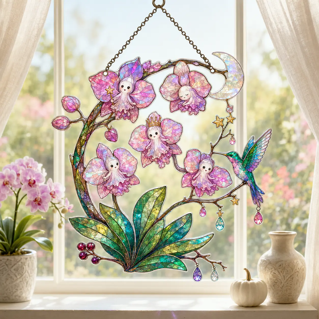 Fairy Orchid Acrylic Suncatcher, Faux Stained Glass Window Hanging, Hummingbird Floral Moon Home Decor