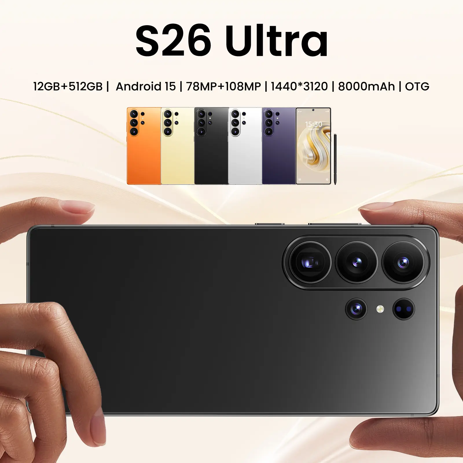 2026 S26 Ultra Unlocked 5G Android 15 Smartphone,12GB+512GB,6.99" HD Display,78MP+108MP Cam,8000mAh, Dual Card, Built-in Pen, Face Unlock, Case & Protector