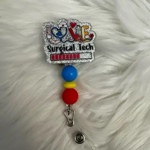 Surgical Tech Badge Reel with Colorful Beads and Heart Design Medical Accessories