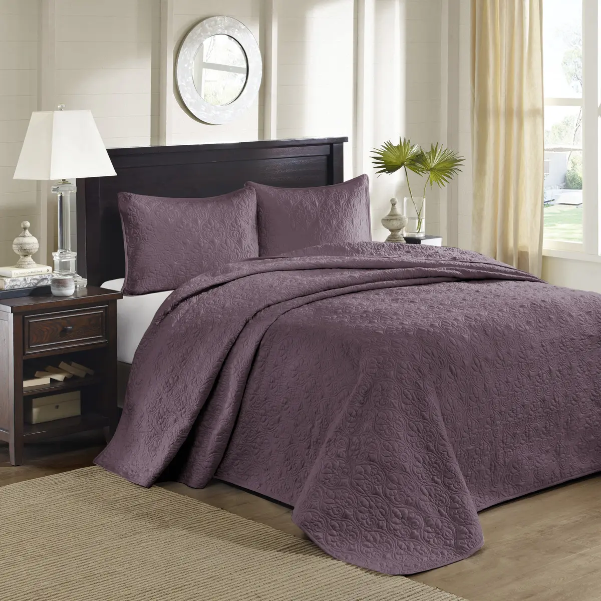 King Size Purple Reversible Bedspread Set – Lightweight Microfiber Quilted Coverlet with Matching Shams, Soft All-Season Bedding for Bedroom & Guest Room