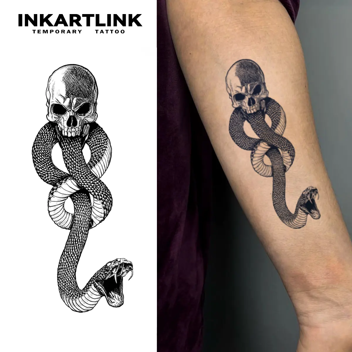 INKARTLINK Semi-Permanent Tattoos for Adults, Long Lasting 1-2 Weeks, Waterproof & Realistic Look, 2 Sheets Snake in Skull Design for All Skin Types
