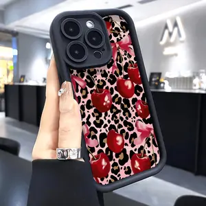 Phone case for iPhone 16 Pro Max 15 Plus 14 13 12 11 XR XS Leopard Cherry Bow Anti-Scratch Shockproof TPU Bumper Drop-proof Cover