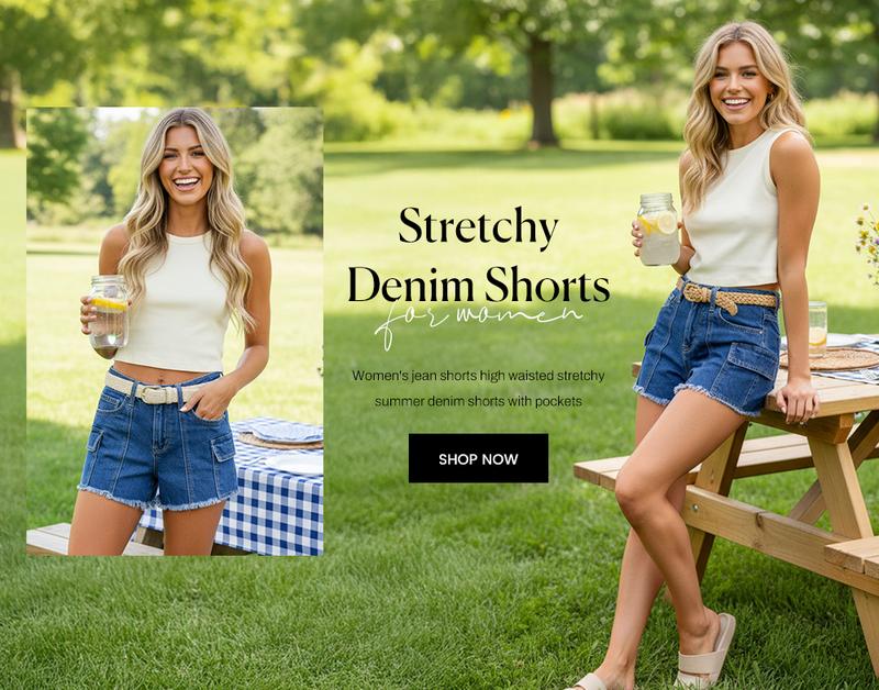 Sidefeel Womens  Jean Shorts Casual Summer High Waisted Stretchy Denim Shorts with Raw Hem and Multi Pockets