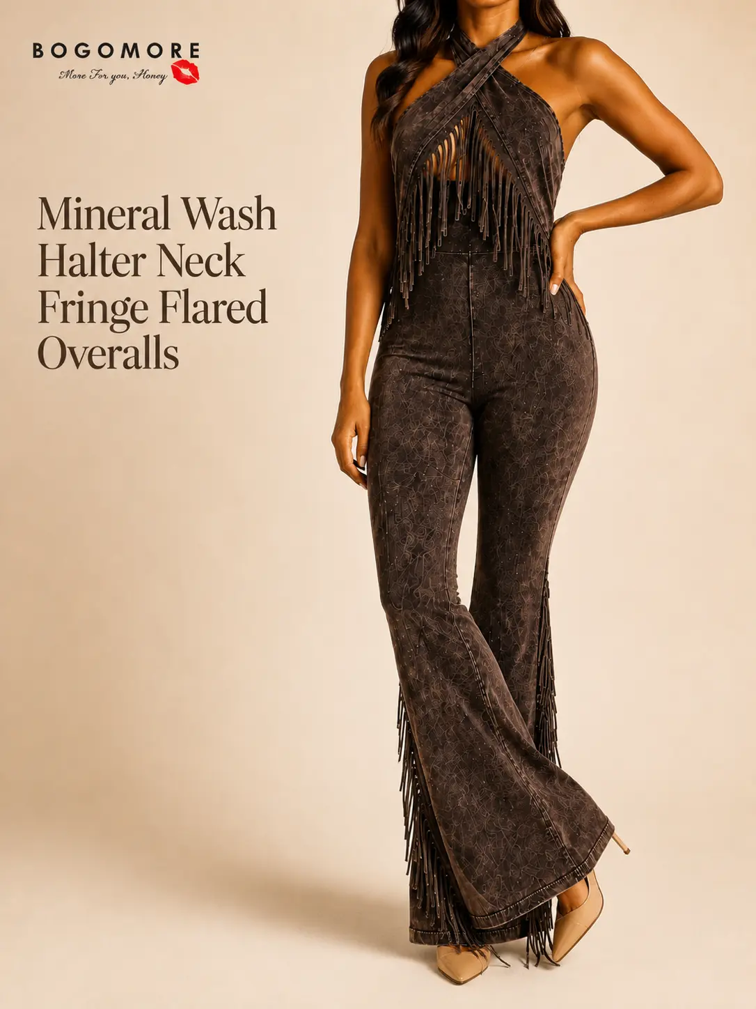 Halter Neck Overalls for Women - Boho Mineral Washed Fringe Flare Jumpsuit, Sleeveless Open-Back Stretch Cotton Festival Outfit
