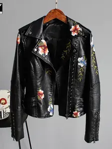 Floral Print Faux Leather Jacket - Casual Womenswear Coat with Embroidery, Fitted Design, and Comfortable Fit