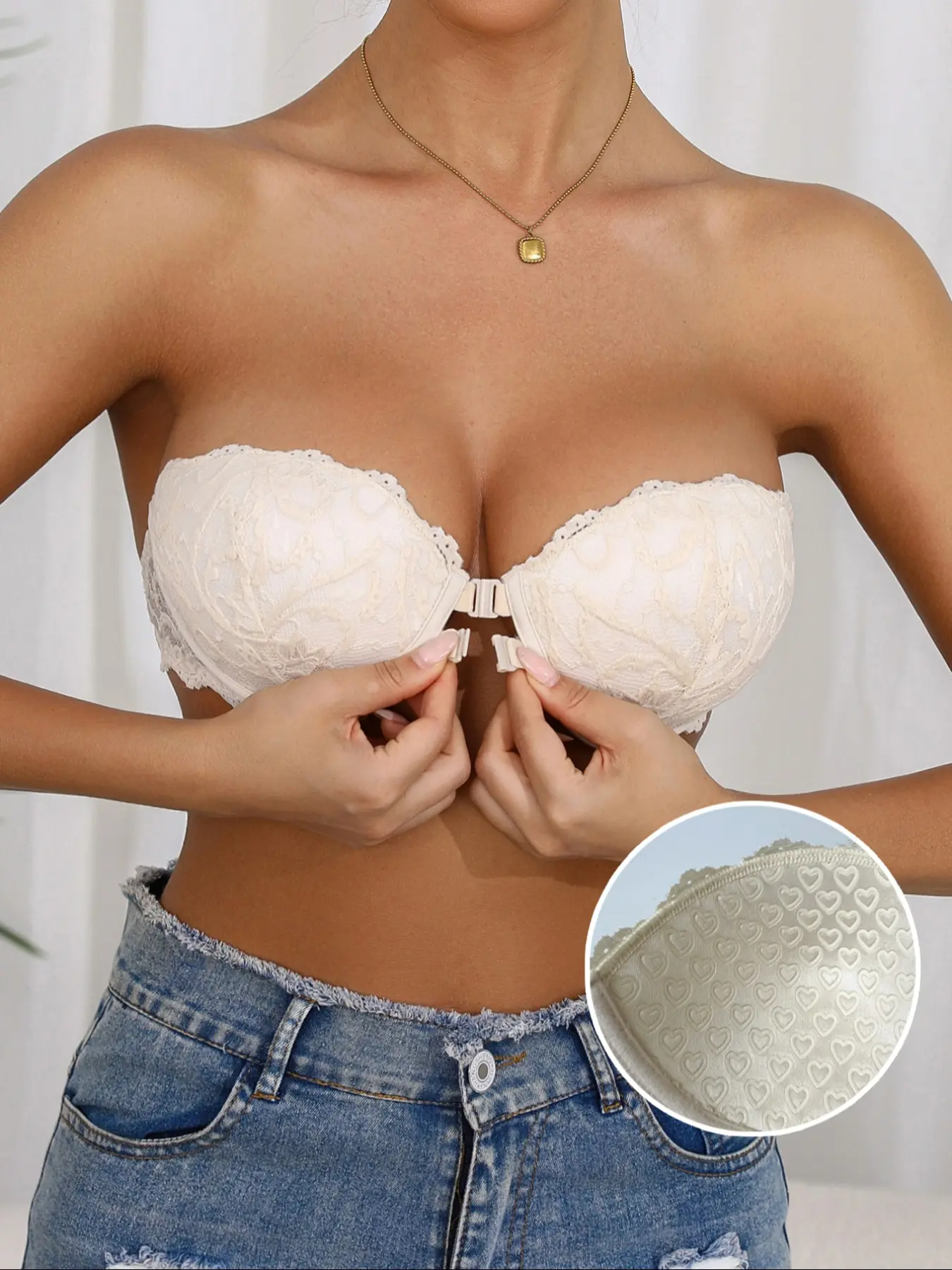 Women's Strapless Push-Up Bra Bralette with Steel Ring High Support, Non-Slip Inner Cups, Wave Lace Details, Fit, Comfortable Daily Wear Underwear