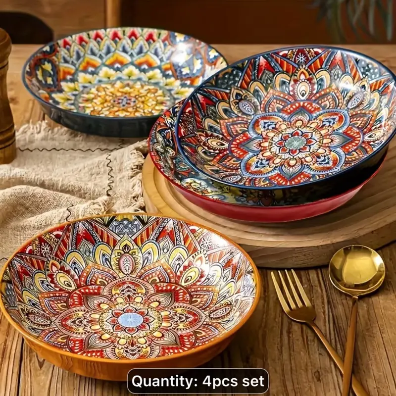 Set of 4 Durable 8-Inch Ceramic Plates with a Bohemian Floral Design, Microwave Safe, Ideal for Home, Kitchen, Dining, And Hotels