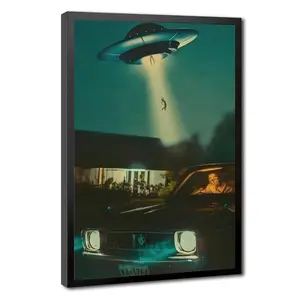 Retro Sci-Fi UFO Abduction Canvas Wall Art - Vintage Cinematic Car & Alien Poster - Weirdcore Mid-Century Room Decor | Black Wood Frame, Wrapped Canvas, or Unframed