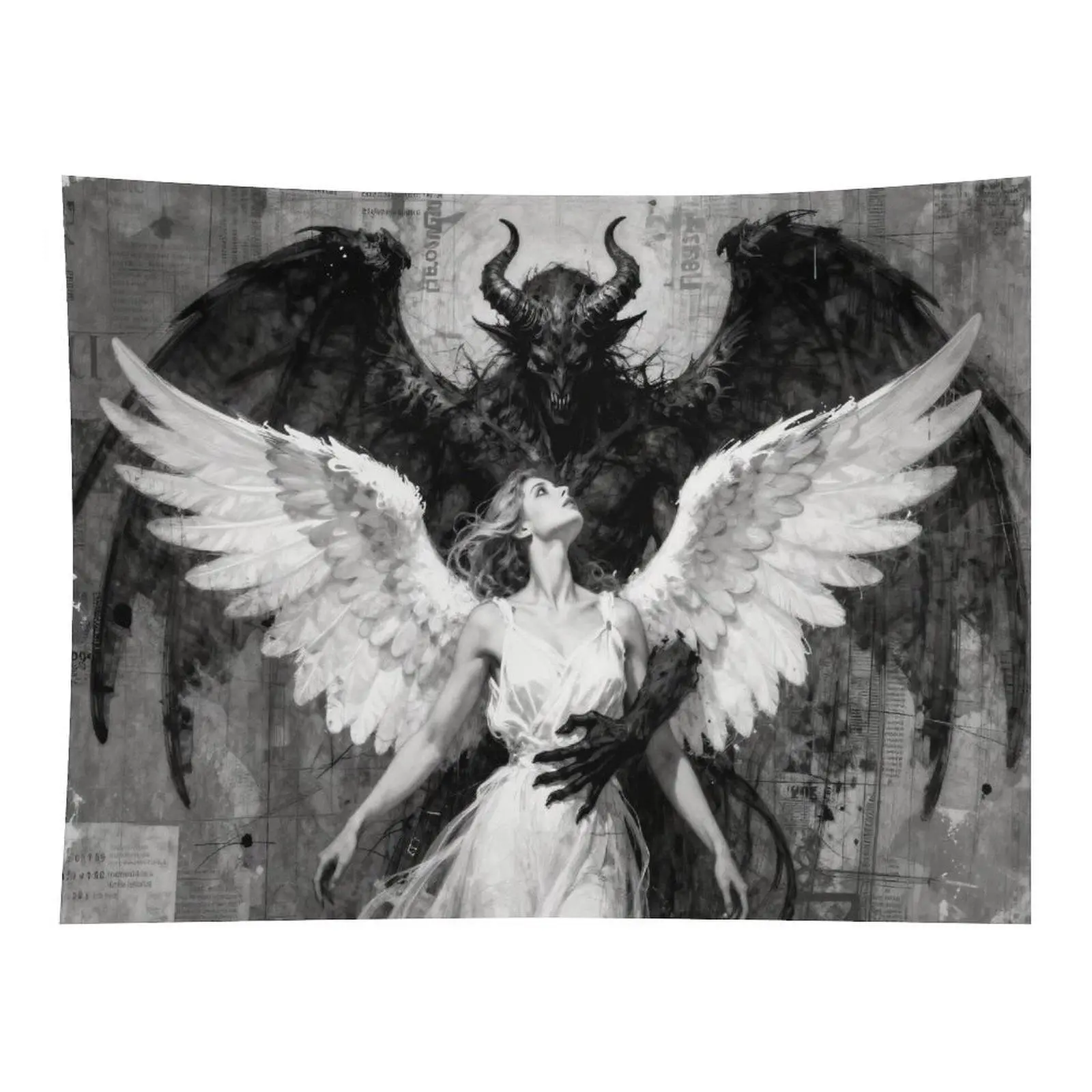 Black And White Gothic Art Angel And Demon Wings Contrast Sketch Wall Tapestry Vintage Grunge Newspaper Texture Room Decor
