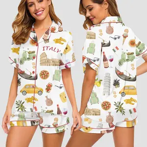 Unwind Studio Italy Travel Pajama Set for Women Italian Food Print PJs Cozy Lounge Sleepwear Gift Satin 100% Polyester Herringbone Ultra-Soft Loungewear