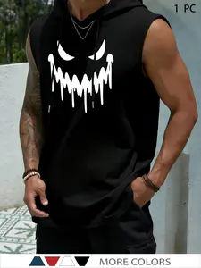 Men's Sleeveless Hooded Tank Top, Halloween Scary Smiley Face Drip Print, Casual Workout Muscle Shirt for Gym Fitness, Halloween Party, Streetwear & Daily Wear