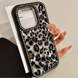 Marble leopard print pattern with diamond embellishments, durable yet flexible hard back panel, multiple layers of protection, compatible with iPhone 17, 16, 15, 14, 13, 12, 11 series, etc., makes a great gift for friends or family.