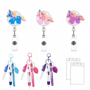 Cute Cartoon Rainbow Horse Badge Clip, Retractable Crocodile Clips, Mini Fluorescent Pen, Permanent Marker, Waterproof Card Case Gift